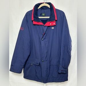 Lacoste Men’s Size 42 US Large Mid Length Coat Blue Red Waterproof Jacket